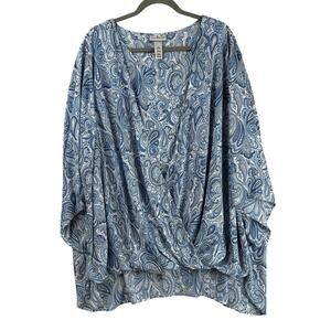 Catherines Faux Wrap Blouse Size 4X Blue Paisley Career Workwear Draped Top